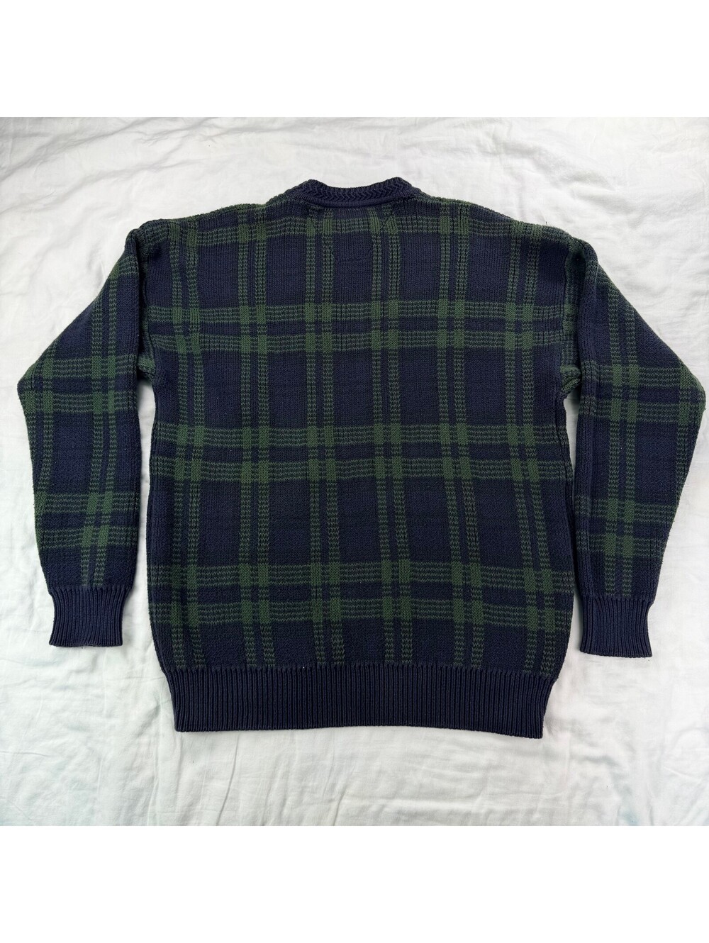 Vintage Woods & Gray Mens M Plaid Sweater Navy Green Cotton Knit 90s Grandpa - Picture 3 of 10